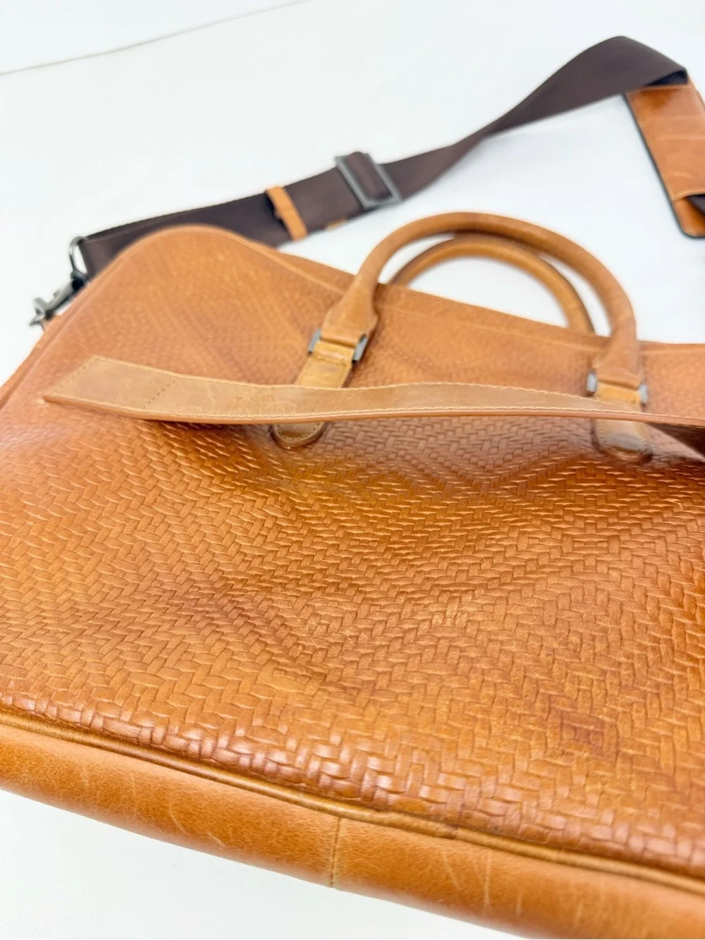 Jos A Bank Brown Leather Woven Texture Double Handle Shoulder Strap Commuter Bag